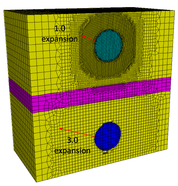 Figure 3: Refinement at two materials with different number of refinement levels and expansion distances.