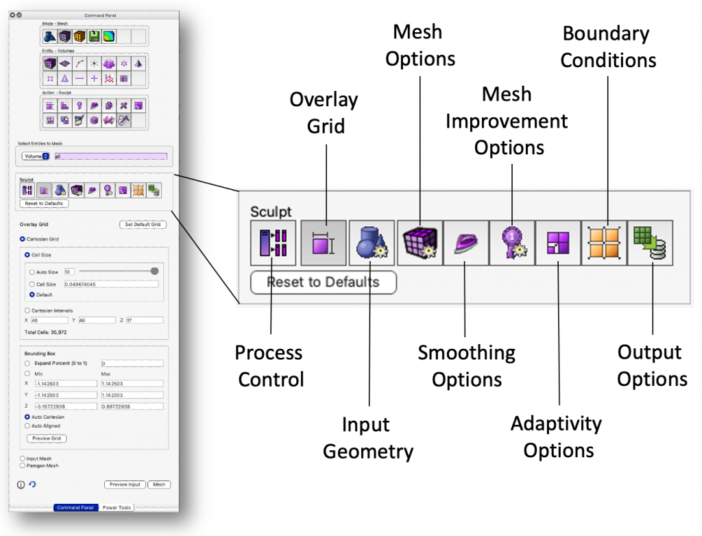 New Sculpt command panels showing the nine different categories of options.