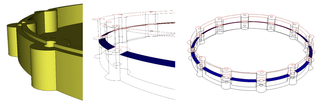 Model showcasing the application of the Reduce Surface Slot command on multiple non-coplanar surfaces. Blue shaded areas indicate the preview of potential sheet bodies generated by the command.