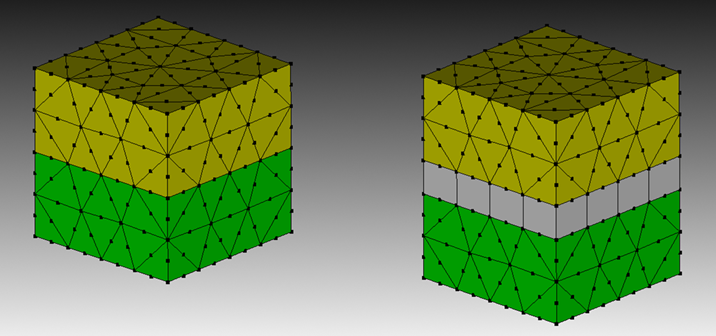 WEDGE12 CSEs inserted in a TETRA10 mesh. CSEs are stretched for illustration purposes.