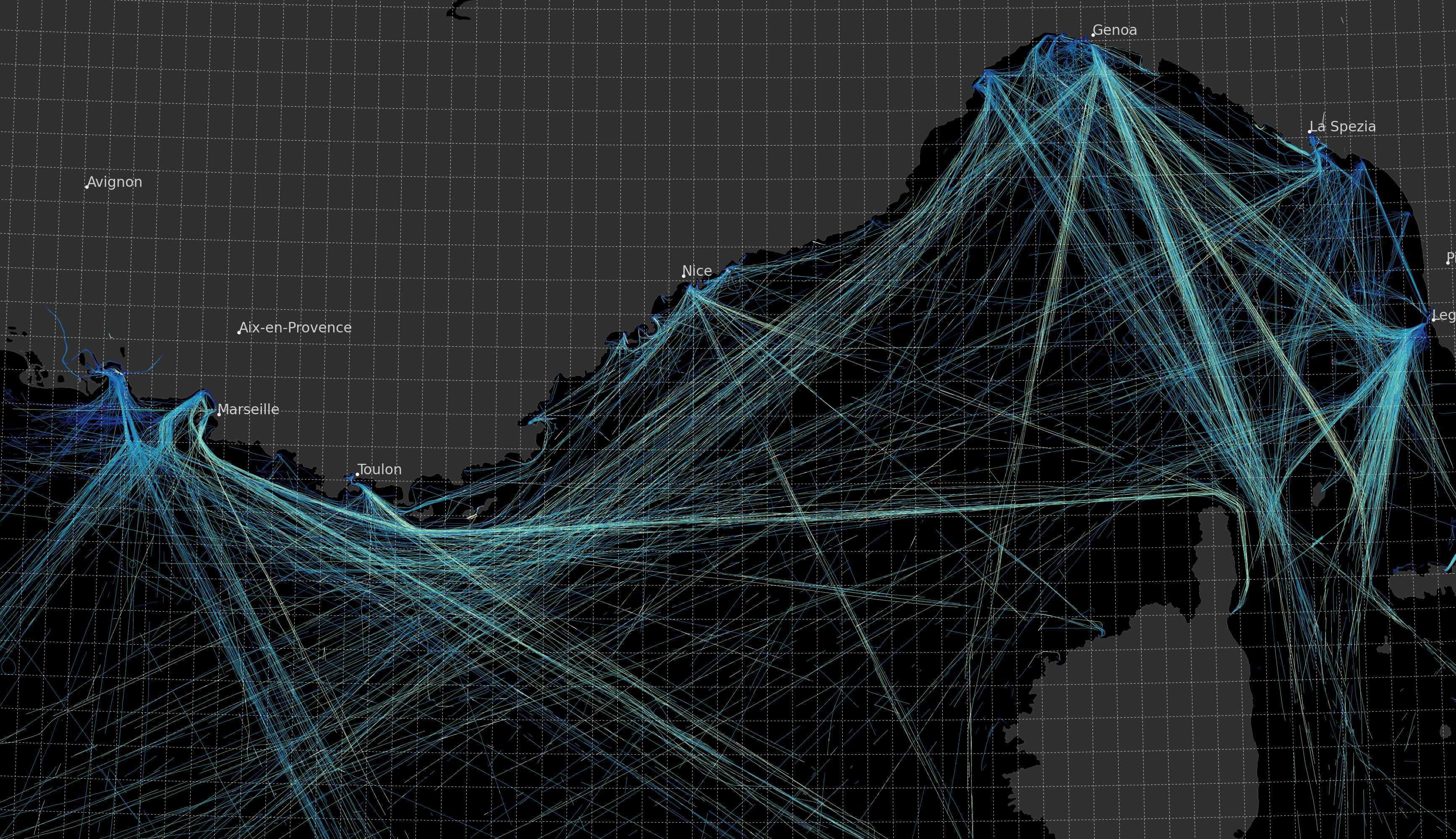 Sea lane map from Marseille to Rome