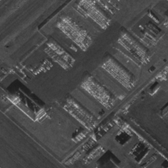 Spotlight Synthetic Aperture Radar SAR image of a reapplication yard at Kirtland AFB.