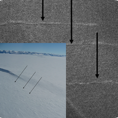 AntarcticaSAR X-band image of the Tres Hermanas crevasse site in Antarctica. Image on the left is an optical image of the same site with arrows pointing to the location of the crevasses.
