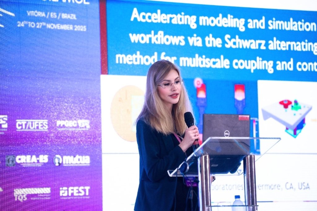 Irina Tezaur delivering an invited plenary lecture at CILAMCE 2025, held in Vitoria, Brazil.