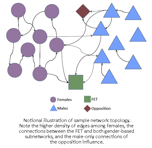 Notional illustration of sample network topology. Note the higher density of edges among females, the connections between the FET and both gender-based subnetworks, and the male-only connections of the opposition influence.