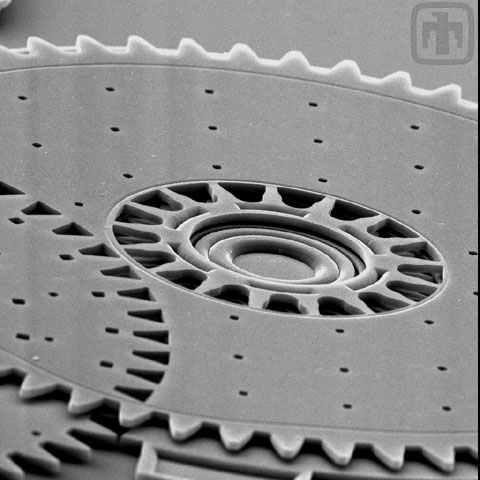 The triangular holes that you see in this image were necessary because this transmission was fabricated before we invented planarized polysilicon.