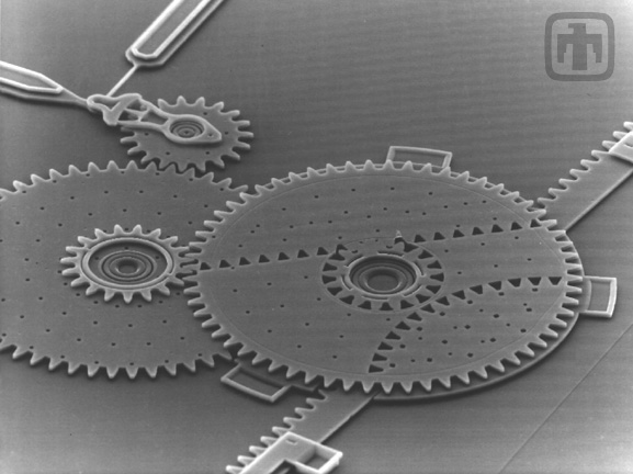 This gear chain converts rotational motion (top left) to linear motion, thereby driving a linear rack (lower right).