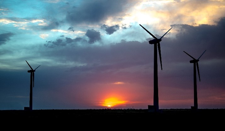 Scaled Wind Farm at sunset