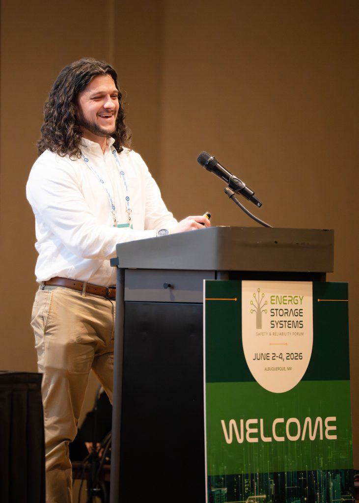 Nathan Johnson, researcher at Sandia National Laboratories, shares a tutorial at the 2026 Energy Storage Systems Safety & Reliability Forum about the causes of thermal runaway in batteries. New to the event this year, tutorials offered deep dives on topics relevant to the growing industry and grid-scale batteries’ use nationwide. / Credit: Alicia Bustillos, Sandia National Laboratories