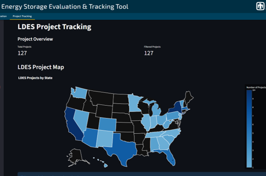 A new tool released by the Long Duration Energy Storage National Consortium allows users to visualize and view key metrics from multi-hour energy storage technologies and projects, such as this screenshot showing the number of multi-hour projects by U.S. state.