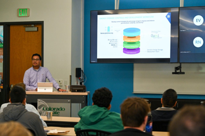 Ujjwol Tamrakar describes an energy storage controls and development workflow during the invited presentation, “High-Fidelity Testing and Validation of Energy Storage Controls” at the Energy Institute at Colorado State University. Photo courtesy of Ujjwol Tamrakar, Sandia National Laboratories.