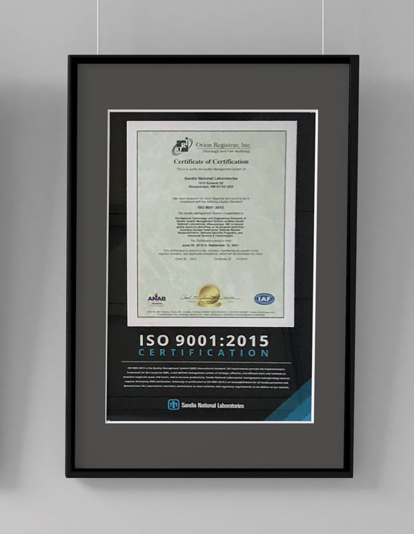 Framed ISO 9001:2015 certificate