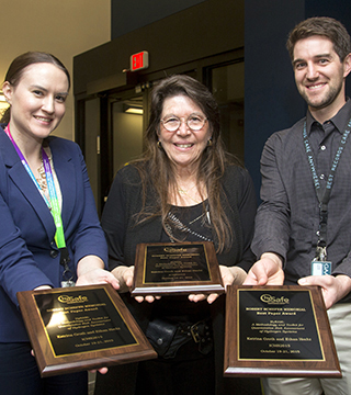 “It just blows me out of my shoes to meet these two amazing young people who are following in my husband’s footsteps,” says Jade Schefer, wife of the late Robert Schefer, of Katrina Groth, left, and Ethan Hecht, inaugural recipients of the ICHS Robert Schefer Best Paper award.(Photo by Randy Wong)