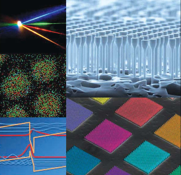Clockwise from upper left: blue, green, red, and amber lasers combined to produce white light (Photo by Randy Montoya); nanowire LEDs; photonic-crystal laser arrays; calculated quantum-well wave functions; composition of CdSe/ZeSe quantum dots (Cd red, Se green, Zn blue).