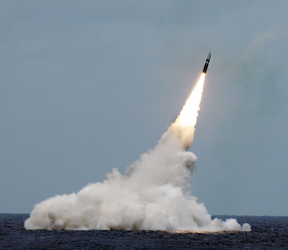 The Trident D5 submarine-launched ballistic missile takes off.