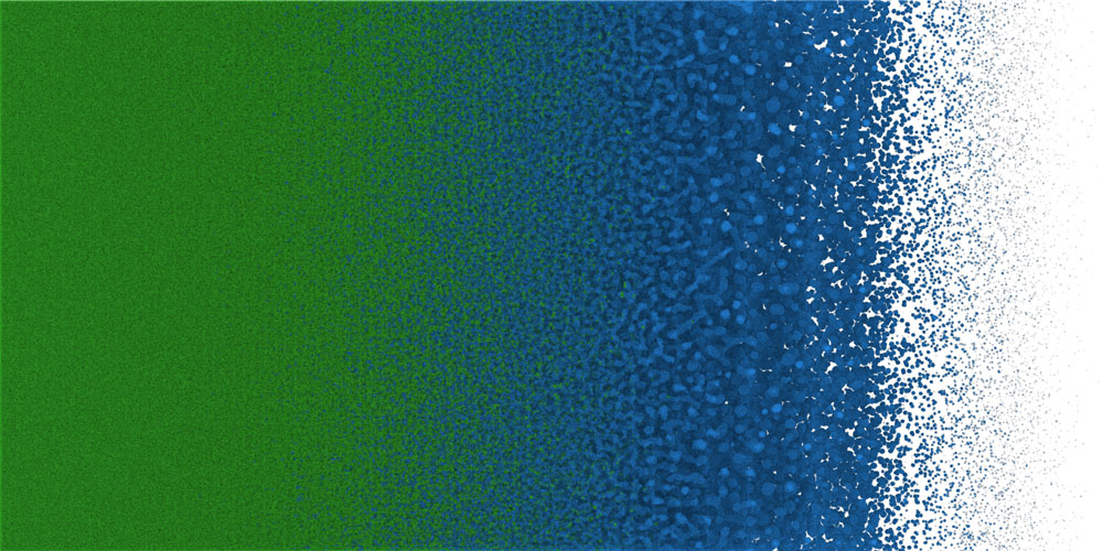 Figure 1: Molecular dynamics simulation of supercritical fluid (green) expanding into vapor/liquid two-phase region (blue) resulting in spinodal decomposition and coalescence of liquid droplets. The LAMMPS simulation used ~1.5 billion Lennard-Jones atoms running on 1024 GPUs on the LLNL Lassen supercomputer. Atom diameter is visualized proportional to local density.