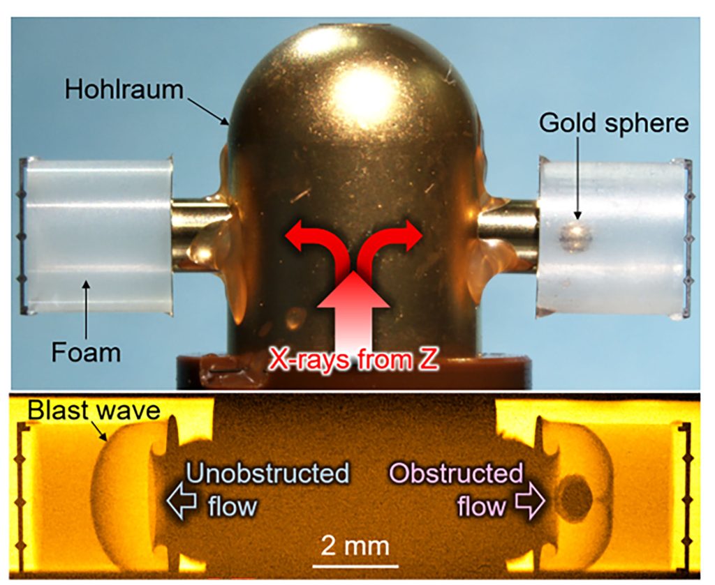 Top, a preshot photograph of Z machine radiation flow experiment. Bottom, an experimental X-ray radiograph with 1-nanosecond gate and 20-micron resolution.