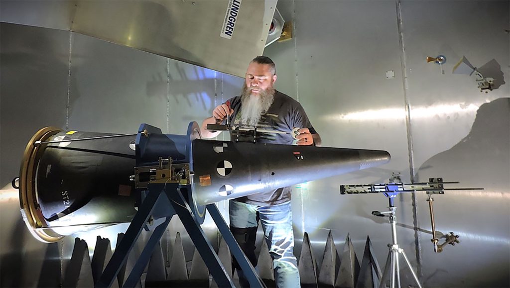 A reentry vehicle is tested in Sandia’s electromagnetic testing facility.