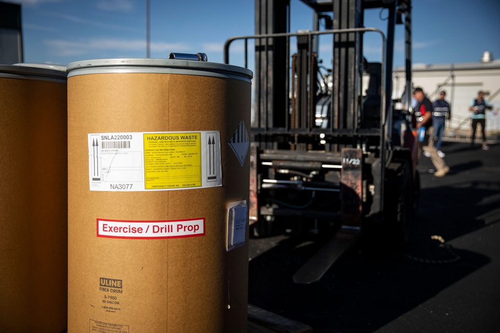 A mock chemical drum is used during an annual emergency exercise.