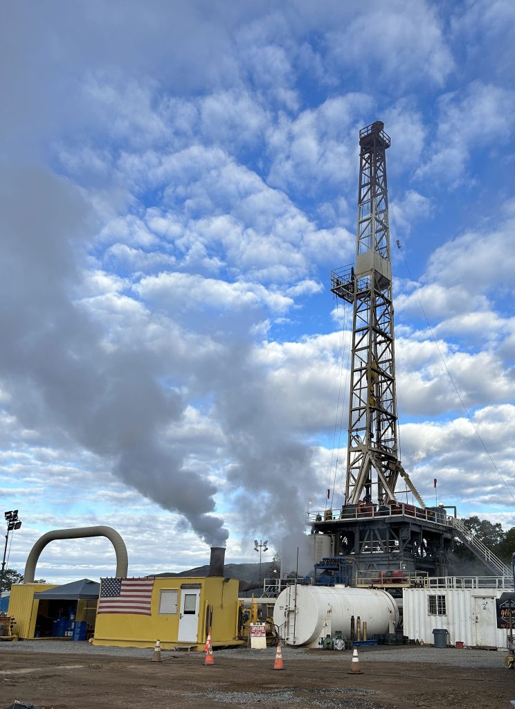 A rig drills production high-temperature geothermal wells at The Geysers in California.