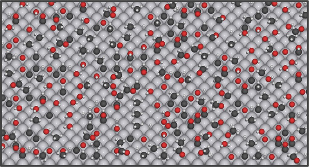 Rendering of molecules reacting on catalytic surfaces.