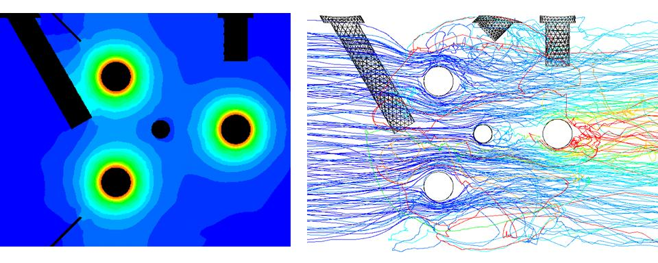CFD simulations of UV radiation field with three lamps on (left) and particle tracks colored by dose with one lamp on (right) in a UV reactor for water disinfection.Reactor design courtesty of Calgon Carbon Corporation.