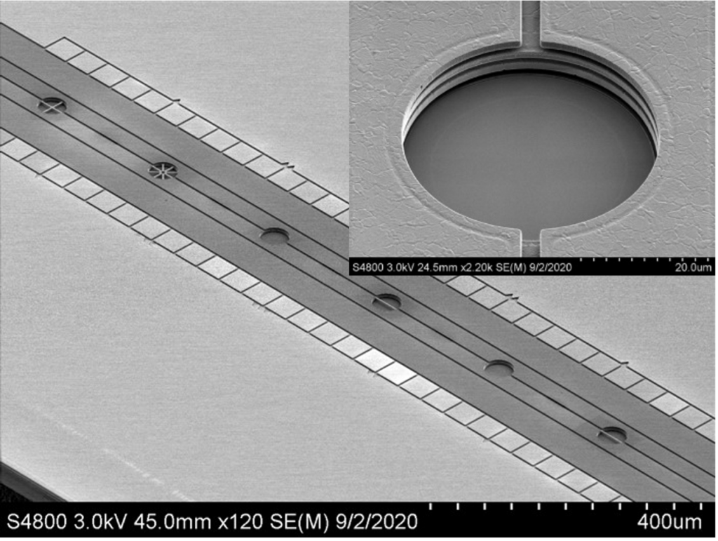 Figure 2: An array of SPADs integrated into a surface ion trap. The various metallic “crossbars” help shield the ion from fields produced by the SPADs.