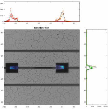 Figure 3: Video of 399 nm (left) and 369 nm (right) beams emerging from their output couplers at a trapping site and intersecting at the designed ion height.