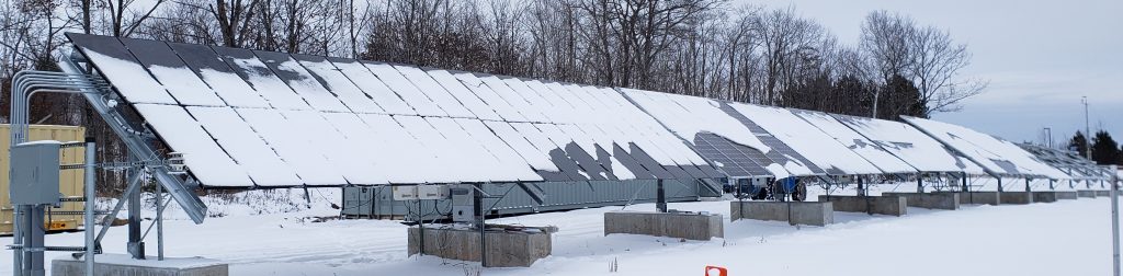 Experimental array at the Michigan Regional Test Center for Emerging Solar Technologies is generating data on comparative rates of snow shedding and energy output in winter across multiple module technologies.