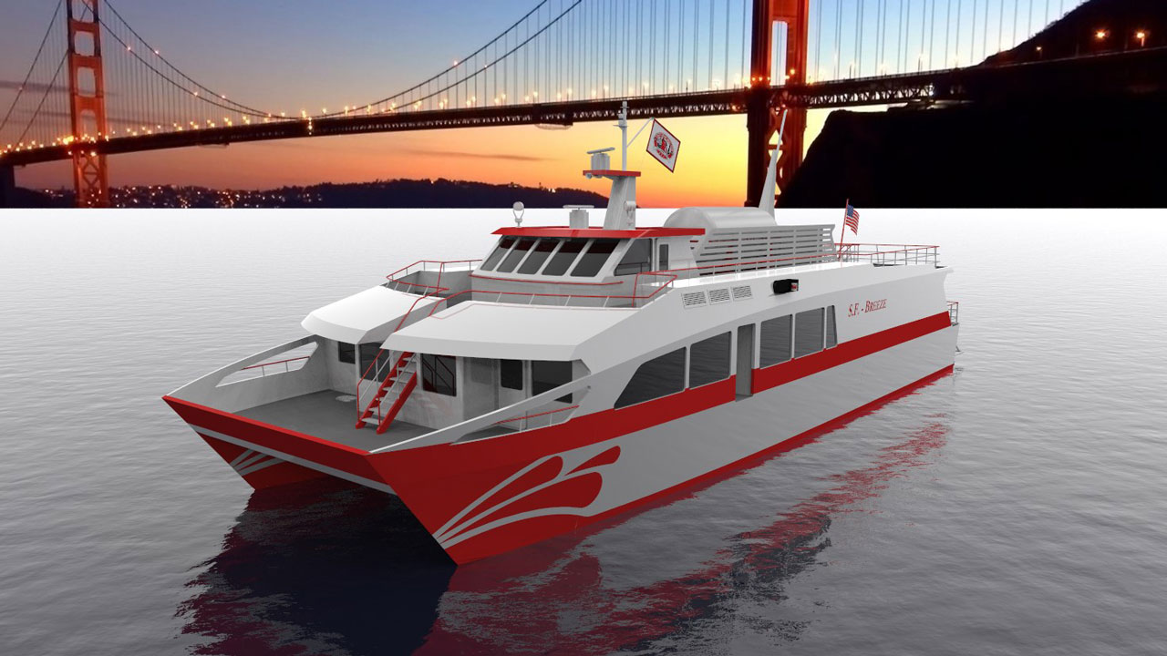 hydrogen-powered research vessel. A red and white boat going under a bridge. (Photo courtesy of Glosten)