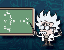 Cartoon image of Einstein in front of a chalkboard teaching Physics