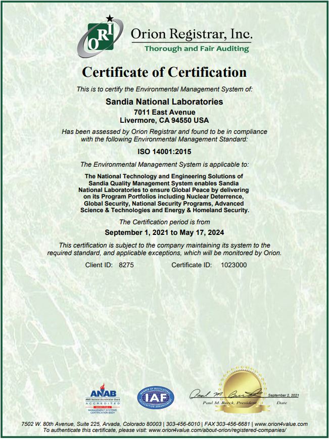 Certificate of Certification ISO 14001 CA
