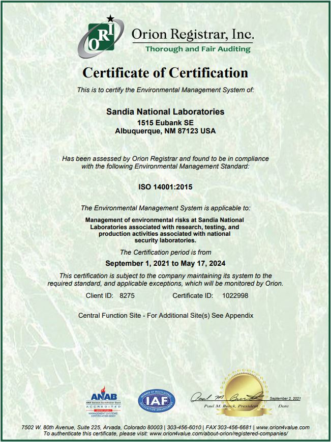 Image of Certificate of Certification ISO 14001 NM