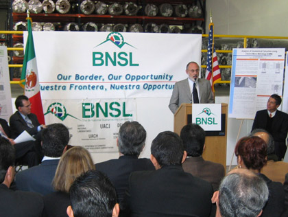 Sandia Vice President Gerry Yonas speaking at the session announcing the opening of the Bi-National Sustainability Laboratory, 2005
