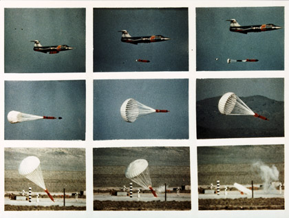 Photo sequence showing deployment, descent, and impact of parachute-retarded laydown bomb