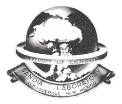 First Sandia Labs logo has universal globe with mushroom cloud