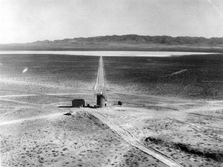 View of tracking station and lake bed target, 1959