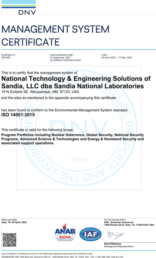 Image of Certificate-Sandia-National-Laboratories-ISO-14001-2015-Albuquerque-Issued2024-1
