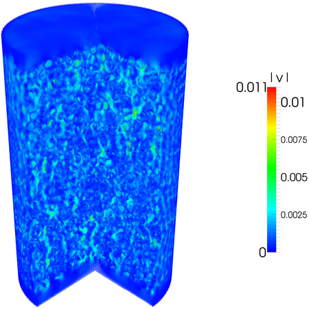 Visualization of 3D pore-scale flow in a cylinder packed with 6864 sphere beads using 165 million particles and 7680 CPUs (NERSC Edison, Cray XC30).