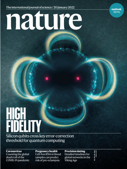 Image of The January 20th, 2022 Nature cover shows an artist's impression of the three-qubit silicon device that was created by UNSW physicists, then measured and validated by Sandia quantum information scientists [Image credit: Tony Melov, UNSW].