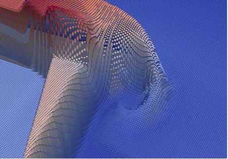 Electron density of the 2D Triple Point Problem warped in the Z dimension to illustrate the discontinuity between elements.