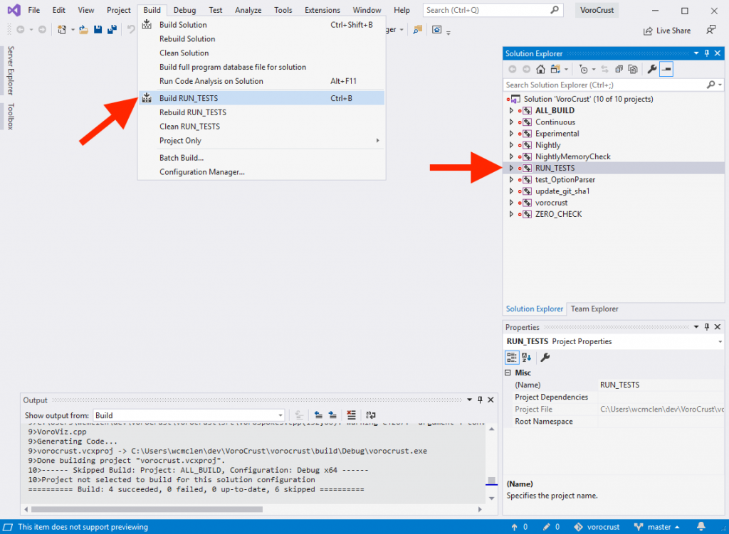 Visual Studio 2019 (Community Edition) user interface illustrating how to run the test suite.