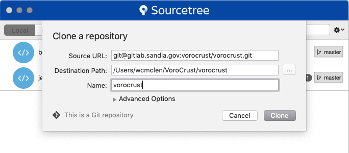 Sourcetree dialog for cloning VoroCrust.