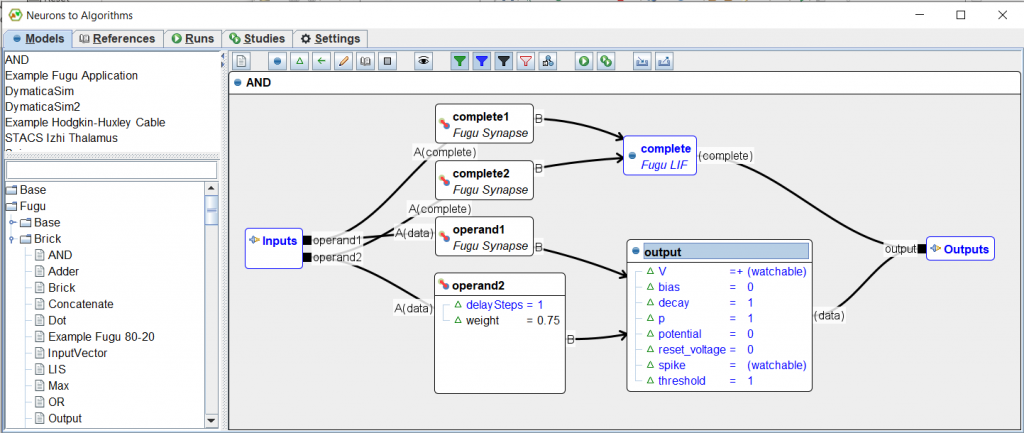 Editing a Fugu brick (the AND function). The brick can be exported as Python module or used directly within the development environment.