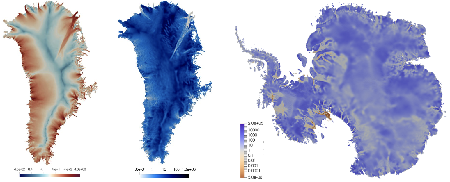 Left: Greenland, modeled ice speed in m/yr. Middle: Greenland, reconstructed basal friction in kPa yr/m. Right: Antarctica, reconstructed basal friction in kPa yr/m.