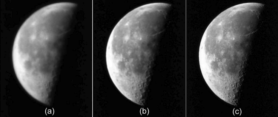 Super-resolution imaging. (a) Sample low-resolution image. (b) Reconstruction using the Drizzle algorithm. (c) Derivative-based optimization reconstruction using ROL.