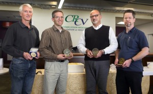 Robert Barlow, left, was awarded the Combustion Institute’s Alfred C. Edgerton Gold Medal. To his right are this year’s CRF awards recipients, Lyle Pickett, Habib Najm, and Chris Carlen, who were chosen by their peers. (Photos by Dino Vournas)