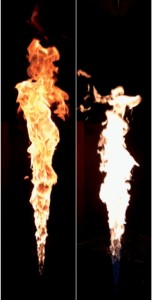 Figure 2. Photographs of JP-8 surrogate jet flame (left) and ethylene jet flame (right), both with a fuel jet Reynolds number of 20,000.