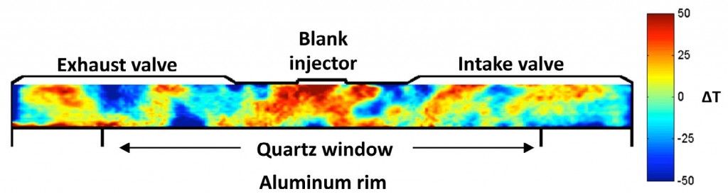 Figure 4. Side-view T-map image showing the thermal stratification in the bulk-gas and near-wall regions at TDC (360° CA).