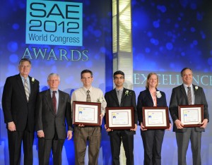 2012 SAE President, Frank O. Klegon and Dr. John H. Johnson, Michigan Technological University, present the 2011 SAE John Johnson Award for Outstanding Research in Diesel Engines to Lyle Pickett, Cherian A. Idicheria, Caroline L. Genzale, and Dennis L. Siebers.